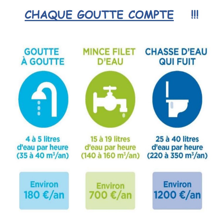 Infographie sur la perte d'eau entrainée par des fuites de robinet ou de chasse d'eau. Le visuel indique le volume perdu par heure et par an ainsi que le coût monétaire de ces pertes. 