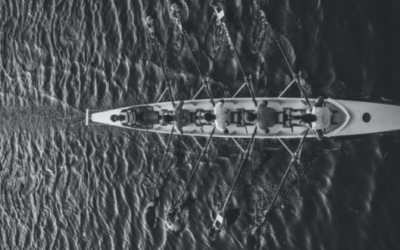 Prise de vue aérienne d'une équipe d'aviron illustrant la philosophie de la coopération.
